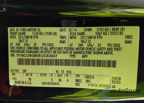 2014 Ford Escape Se z USA, uszkodzony, nr VIN 1FMCU9G90EUC63837